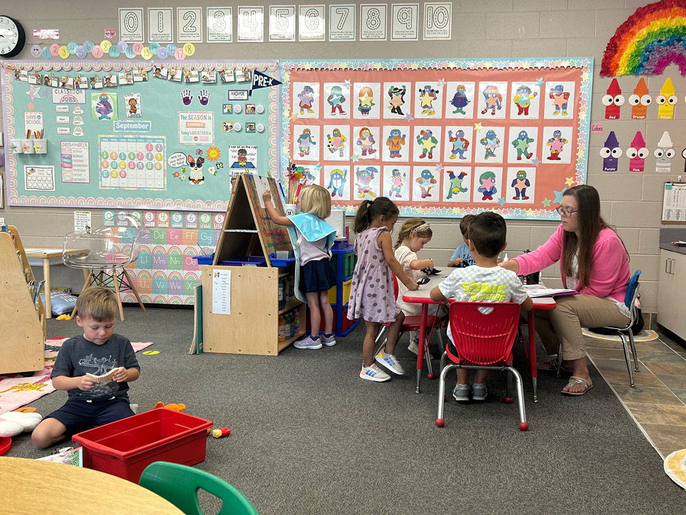 Pre-K classroom with students in centers