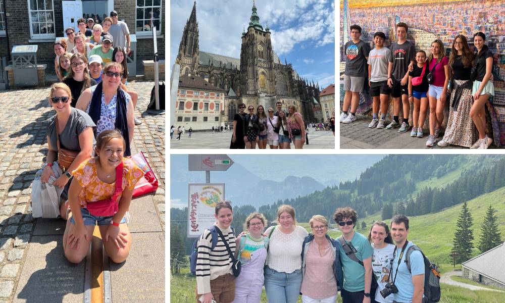 Photo collage of group photos from the two WCDS summer trips to Europe